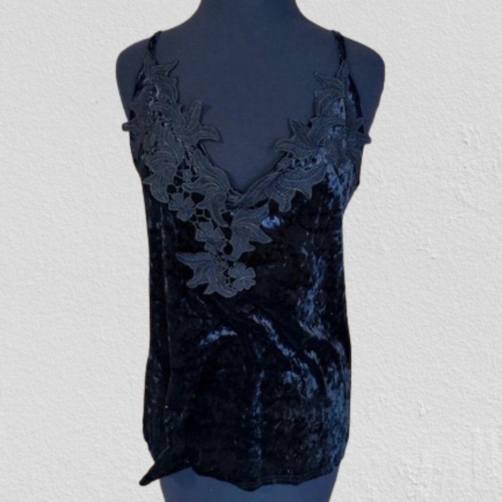 Hippie Chic Black Lace Embroidery Velvet Tank Top 4241 Large NWT Boutique